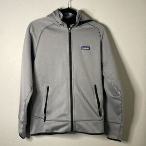 Patagonia Mens Fleece Large S Jacket Coat Hooded Gray Full Zipper Logo Pockets